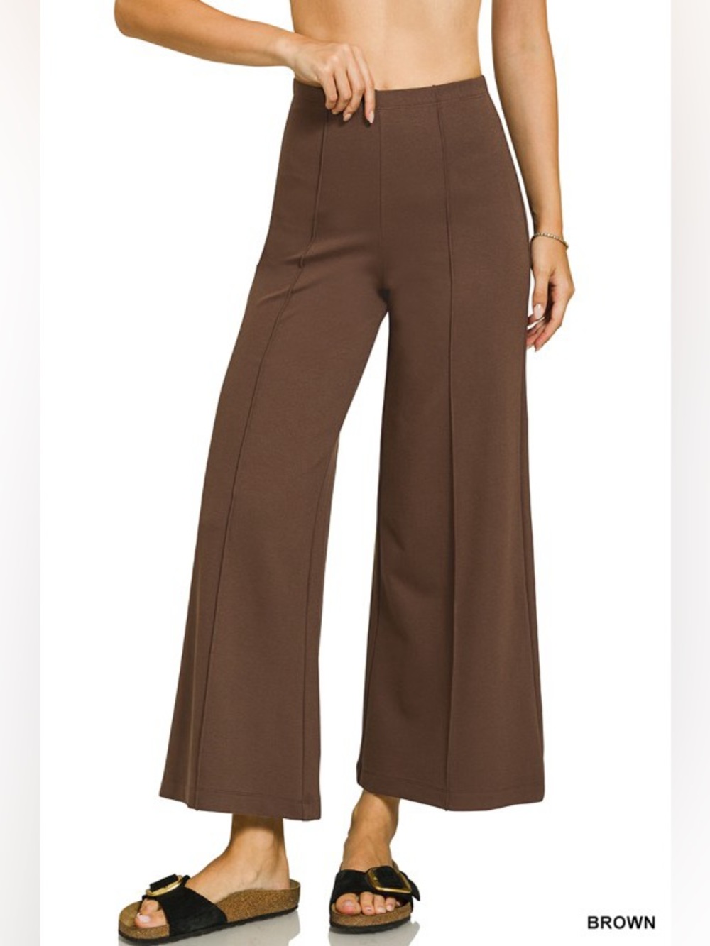 Zenana Brown Heavy Ponte Elastic Waistband Pintuck Pants